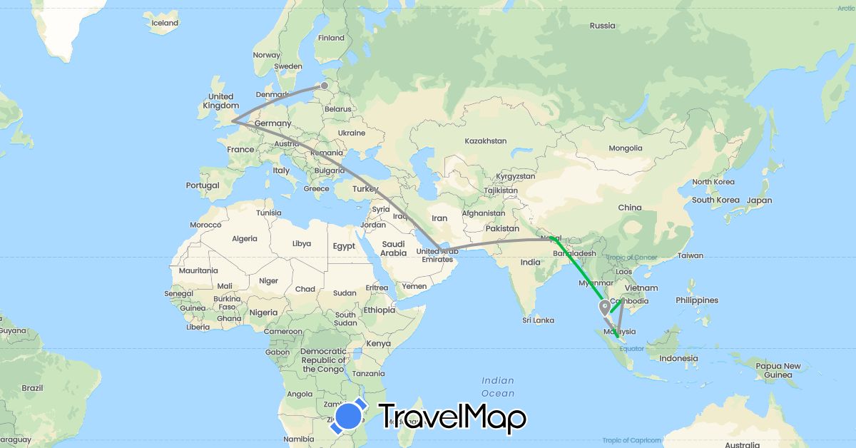 TravelMap itinerary: driving, bus, plane, boat in United Arab Emirates, United Kingdom, Cambodia, Latvia, Malaysia, Nepal, Romania, Thailand (Asia, Europe)